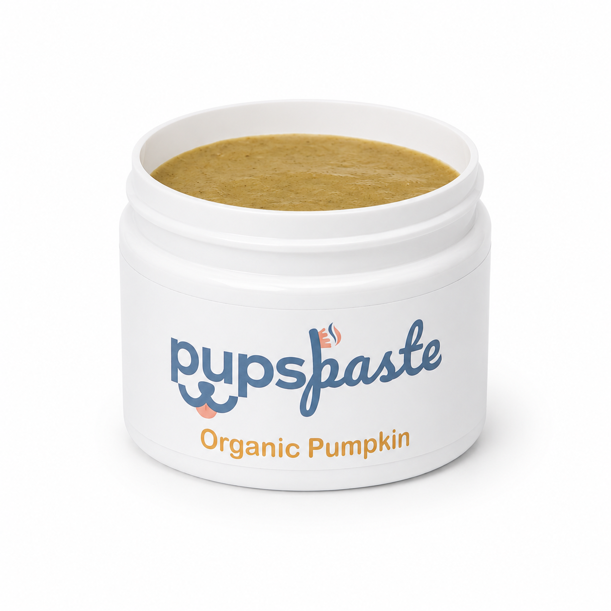 Open jar of PupsPaste Organic Pumpkin dog toothpaste with pumpkin paste on a white background.