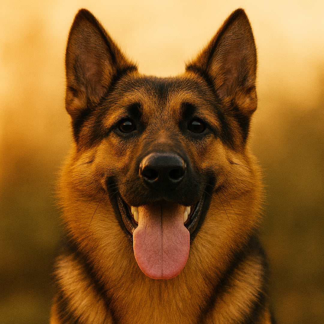 Happy German Shepherd with tongue out, close-up portrait for dog dental care blog about brushing teeth and preventing dental disease