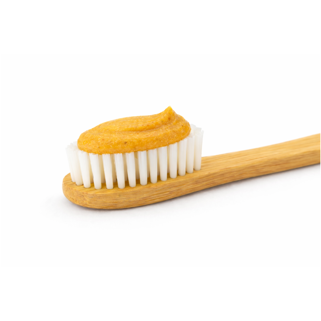 Bamboo dog toothbrush with pumpkin flavored dog toothpaste on the bristles, isolated on a white background.