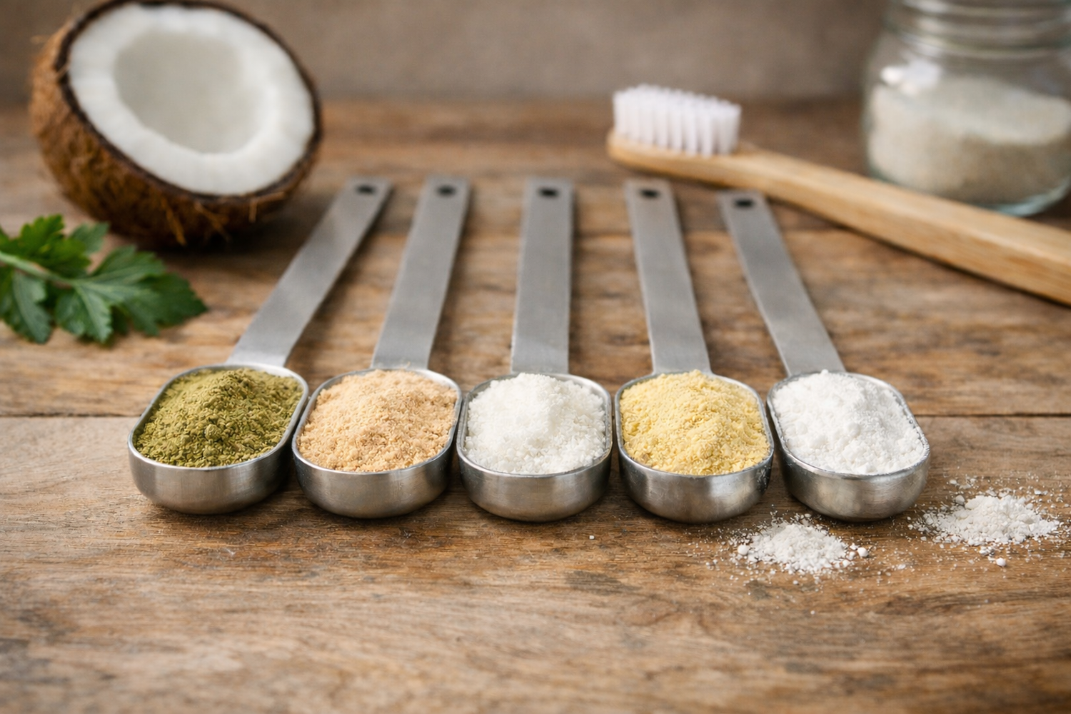 Measuring spoons filled with natural dog toothpaste ingredients including coconut, parsley, calcium powder, and enzyme powders on a wooden surface with a bamboo toothbrush.
