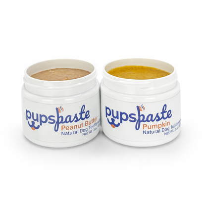 Peanut butter and pumpkin dog toothpaste duo pack with lids off