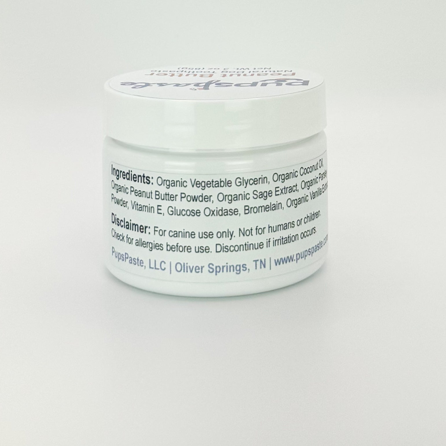 Peanut butter dog toothpaste ingredient label