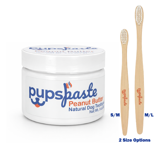 Peanut butter dog toothpaste starter bundle with 2 toothbrushes