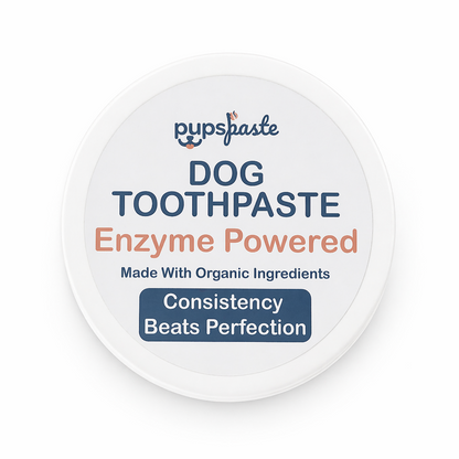 Lid of PupsPaste enzyme powered dog toothpaste with Consistency Beats Perfection label
