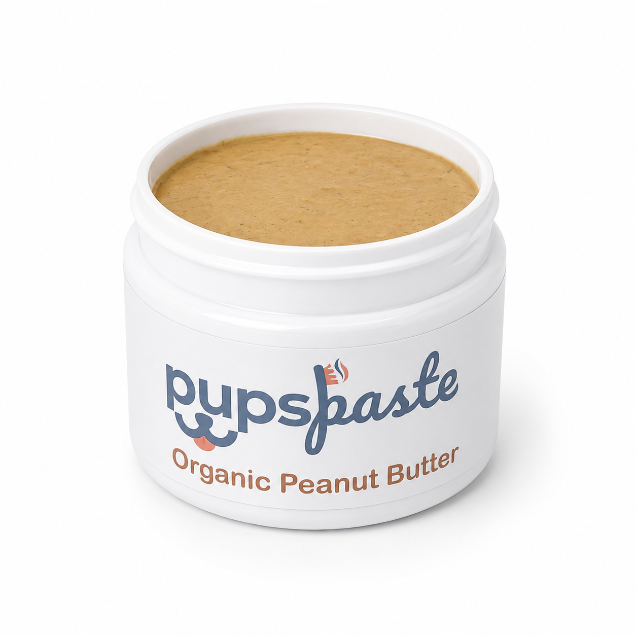 Open jar of PupsPaste Organic Peanut Butter dog toothpaste with peanut butter paste on a white background.